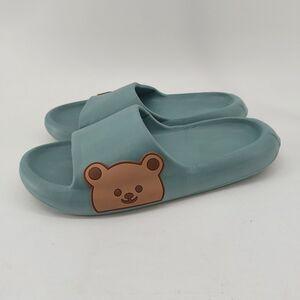 Womens Blue Cute Brown Teddy Bear Foam Slides Sandals Bath Shower Size 42-43